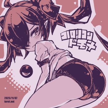 1girl ahoge ass backbeako_(torotei) backbeard bent_over blush buruma cameltoe closed_mouth commentary cowboy_shot dated dated_commentary from_side frown gegege_no_kitarou gym_shirt gym_uniform hair_over_one_eye hair_ribbon kono_lolicon_domome loli long_hair looking_at_viewer monochrome original paid_reward_available pointy_ears red_background red_theme ribbon shirt short_sleeves simple_background solo torotei translated twintails watermark web_address