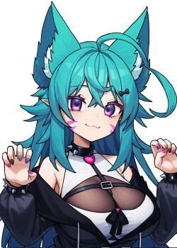 1girl :3 ahoge animal_ear_fluff animal_ears aqua_hair aqua_nails armpit_peek bare_shoulders black_bow black_collar black_hoodie bone_hair_ornament bow bracelet breasts briorurii buckle claw_pose closed_mouth collar commentary commission crossed_bangs dog_ears dog_girl english_commentary facial_mark film_grain green_nails hair_between_eyes hair_ornament hands_up harness heart heart-shaped_pupils heart_collar highres hood hoodie huge_ahoge indie_virtual_youtuber jewelry large_breasts long_hair long_sleeves looking_at_viewer multicolored_nails pink_nails purple_eyes purple_nails rai_byte second-party_source simple_background solo spiked_bracelet spiked_collar spikes symbol-shaped_pupils upper_body virtual_youtuber whisker_markings white_background