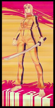Rule 34 | 1girl, absurdres, artist name, barefoot, beatrix kiddo, black border, blonde hair, blue eyes, border, bruce lee's jumpsuit, commentary, copyright name, english commentary, feet, full body, highres, holding, holding sword, holding weapon, jumpsuit, katana, kill bill, long hair, nyoolie, solo, sword, toes, two-tone background, weapon, yellow jumpsuit