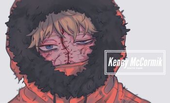 Rule 34 | 1boy, bags under eyes, blonde hair, blue eyes, character name, coat, commentary, copyright name, grey background, injury, kenny mccormick, looking at viewer, male focus, neg 50asu, orange coat, parka, portrait, simple background, solo, south park, stitches, untranslatable commentary, upper body