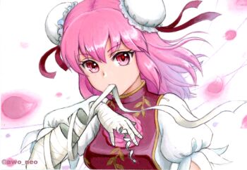 1girl awo_neo bandage_in_mouth bandaged_arm bandages breasts bun_cover commentary_request double_bun falling_petals false_arm flower hair_bun ibaraki_kasen long_hair looking_at_viewer mouth_hold petals pink_eyes pink_flower pink_hair pink_petals pink_rose puffy_short_sleeves puffy_sleeves red_tabard rose shirt short_sleeves solo tabard touhou traditional_media twitter_username white_shirt