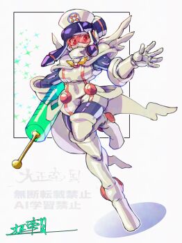 Rule 34 | 1girl, black bodysuit, black hair, bodysuit, boots, breasts, commentary request, full body, hat, highres, holding, holding syringe, meddy.exe (mega man), mega man (series), mega man battle network (series), nurse cap, oomasa teikoku, oversized object, red-tinted eyewear, red eyes, solo, syringe, thigh boots, tinted eyewear, white bodysuit, white boots