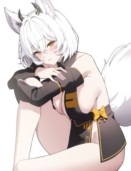1girl absurdres animal_ear_fluff animal_ears bare_shoulders black_dress black_horns breasts cleavage commentary_request commission crossed_bangs dress hair_between_eyes hair_intakes hand_on_own_arm hand_on_own_knee head_tilt highres horns knee_to_chest knee_up korean_commentary large_breasts legs livy_atan looking_at_viewer multiple_horns original parted_lips pelvic_curtain second-party_source short_hair sideboob sideless_dress sideless_outfit sidelocks simple_background sitting solo tail thighs white_background white_hair white_tail yellow_eyes yellow_trim