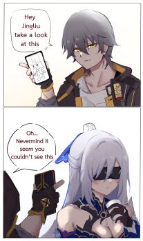 Rule 34 | absurdres, black coat, black gloves, black jacket, blindfold, blue dress, blue sleeves, caelus (honkai: star rail), coat, dress, gloves, grey hair, high ponytail, highres, honkai: star rail, honkai (series), huge moon, jacket, jingliu (honkai: star rail), moon, naykainaw, open clothes, open coat, phone, ponytail, shirt, t-shirt, trailblazer (honkai: star rail), two-sided fabric, white hair