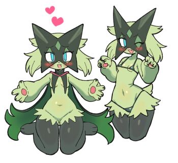 1girl :3 animal_hands animal_nose batrobin_k bikini black_bikini blue_eyes blush body_fur breasts cape claws commentary_request cropped_legs fang furry furry_female green_fur green_hair groin hands_up happy heart highres looking_at_viewer mask meowscarada micro_bikini multiple_views navel nintendo one_eye_closed open_mouth pawpads pokemon pokemon_(creature) pokemon_sv short_hair simple_background sitting skin_fang small_breasts smile stomach swimsuit tail thighs two-tone_fur wariza white_background