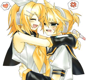 1boy 1girl absurdres anger_vein arms_around_neck blonde_hair bow closed_eyes cosmetics detached_sleeves fang hair_ornament hairclip headphones heart hetero highres hug hynn0x_x kagamine_len kagamine_rin lipstick_mark lipstick_mark_on_face lipstick_tube long_sleeves narrowed_eyes neckerchief necktie open_mouth ponytail sailor_collar short_ponytail short_sleeves skin_fang sleeveless smile spoken_anger_vein spoken_heart sweat vocaloid