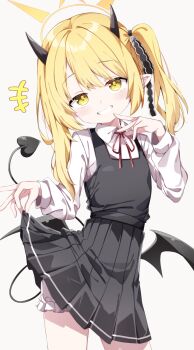 1girl black_dress black_ribbon blonde_hair blue_archive blush demon_girl demon_horns demon_wings dress grin hair_ribbon halo hand_up highres horns ibuki_(blue_archive) lifting_own_clothes loli long_hair pleated_dress ribbon sabana shirt shirt_under_dress side_ponytail smile smug solo teasing upskirt white_shirt wings yellow_eyes yellow_halo