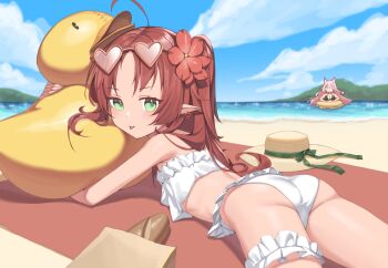 2girls :p arknights ass bag beach bikini bread earrings eyewear_on_head flower food frilled_bikini frilled_thigh_strap frills green_eyes green_ribbon hair_flower hair_ornament hat hat_ribbon heart heart-shaped_eyewear heart_earrings horizon hugging_object jewelry long_hair looking_at_viewer lying multiple_girls myrtle_(arknights) myrtle_(summer_flowers)_(arknights) ocean official_alternate_costume on_stomach outdoors oversized_object paid_reward_available paper_bag pink_hair pointy_ears pozyomka_(arknights) red_flower red_hair ribbon rubber_duck siguya solo_focus sun sun_hat sunlight swimsuit thigh_strap tongue tongue_out turning_head unworn_hat unworn_headwear white_bikini yellow_headwear