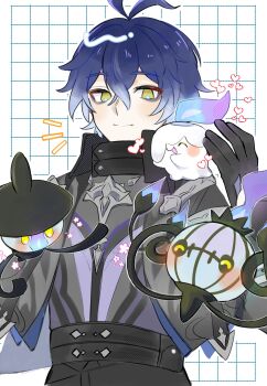 1boy ^_^ antenna_hair arm_up black_gloves black_pants blush chandelure closed_eyes closed_mouth commentary_request cowboy_shot crossed_bangs double-parted_bangs fire flins_(genshin_impact) gen_5_pokemon genshin_impact gloves grid_background highres lampent litwick male_focus nintendo notice_lines on_shoulder pan_6161 pants pokemon pokemon_(creature) pokemon_on_shoulder purple_fire smile yellow_eyes