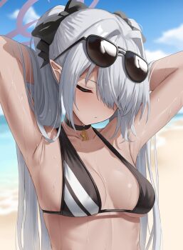 1girl absurdres arms_behind_head arms_up beach bikini black_bikini blue_archive blurry blurry_background blush breasts breasts_apart choker closed_eyes closed_mouth dark-skinned_female dark_skin eyewear_on_head grey_hair hair_intakes hair_over_one_eye halo hand_in_own_hair highres horizon ion iori_(blue_archive) iori_(swimsuit)_(blue_archive) long_hair medium_breasts monochrome pointy_ears sand shengtian solo string_bikini sunglasses swimsuit twintails upper_body water wet