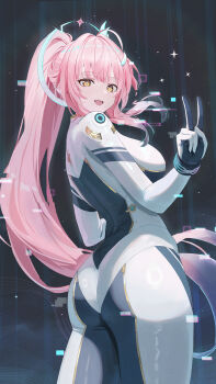 Rule 34 | + +, 1girl, :d, absurdres, aemeath (wuthering waves), ass, bodysuit, breasts, commentary request, from behind, highres, long hair, looking at viewer, medium breasts, open mouth, pointy ears, smile, solo, standing, tem (tempainting1), v, very long hair, white bodysuit, wuthering waves, yellow eyes