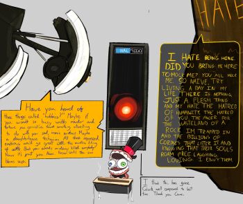 2001_a_space_odyssey a.m artist_request caine_(the_amazing_digital_circus) cane cigar coattails comparison crossover dentures detached_eyes english_text expressionless faceless faceless_male formal_clothes glados gloves green_eyes hal_9000 happy hat hate_pillar_(ihnmaims) heterochromia highres holding i_have_no_mouth_and_i_must_scream looking_at_another multiple_boys no_humans no_mouth open_mouth personification portal_(series) red_suit simple_background sitting speech_bubble suit teeth the_amazing_digital_circus top_hat trait_connection twitter_username white_background white_gloves