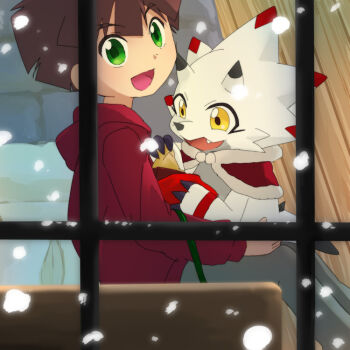 Rule 34 | 1boy, amanokawa hiro, brown hair, christmas, digimon, digimon ghost game, dinosaur, gammamon, green eyes, hamu ym, hood, hoodie, indoors, male focus, red hoodie, short hair, snowing, triceratops, window, yellow eyes