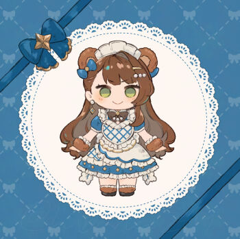 Rule 34 | 1girl, animal ears, black shoes, blue bow, blush, bow, bowtie, brown bow, brown bowtie, brown hair, character request, chibi, chibi only, commentary, copyright request, dress, earrings, frilled dress, frills, full body, green eyes, hair bow, hair ornament, hairclip, hibana (hibana ztlv), jewelry, long hair, maid headdress, no pupils, shoes, single hair intake, smile, solo, straight-on, symbol-only commentary, very long hair, white headdress