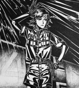 Rule 34 | 1girl, aircraft, airplane, arm up, belt, black belt, black gloves, black hair, bordfunker133, breast pocket, commentary request, cross, frown, gloves, greyscale, hans-joachim marseille, highres, iron cross, leather belt, luftwaffe, marcel (bordfunker133), military uniform, mole, mole under mouth, monochrome, narrowed eyes, photo (medium), pocket, real life, shirt, short hair, short sleeves, shorts, soldier, solo, standing, sunlight, watch, world war ii, wristwatch