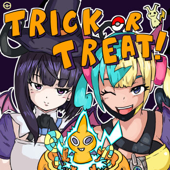 2girls alternate_costume animal_ears aqua_hair bandeau bat_ears bat_wings black_mask blonde_hair blue_eyes blunt_bangs bob_cut breasts canari_(pokemon) closed_mouth criss-cross_straps dark-skinned_female dark_skin english_text fake_animal_ears fake_wings gen_4_pokemon gwynn_(pokemon) halloween_costume hat highres light_smile mask mask_pull medium_breasts motoko_nichijo mouth_mask multicolored_hair multiple_girls nintendo open_mouth pokemon pokemon_legends:_z-a purple_hair rotom rotom_(normal) short_hair short_twintails smile split-color_hair teeth trick_or_treat twintails two-tone_mask upper_body upper_teeth_only wings witch_hat yellow_bandeau yellow_mask