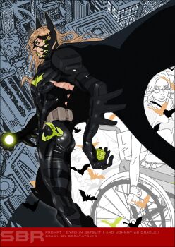 2boys artist_name bad_id bad_pixiv_id barbara_gordon batman batman_(cosplay) batman_(series) bodysuit cape cosplay crossover dc_comics fusion gyro_zeppeli highres johnny_joestar jojo_no_kimyou_na_bouken multiple_boys oracle oracle_(dc) steel_ball_run superhero_costume tanaka_kaori wheelchair