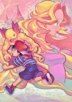 Rule 34 | 1girl, 2boys, :o, backwards hat, black hair, blonde hair, blue eyes, blue shirt, blue shoes, blue shorts, brooch, castle, commentary, crown, curtained hair, dress, earrings, flying man, hat, highres, jewelry, long hair, magicant, mother (series), mother 1, multiple boys, ninten, nintendo, pink dress, queen mary, red hat, red scarf, red socks, running, scarf, shirt, shoes, short hair, shorts, socks, striped clothes, striped shirt, user zpnu2438, water