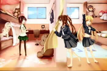 10s 4girls barefoot bed black_hair black_legwear black_serafuku blonde_hair blush brown_eyes brown_hair bunk_bed dorm dressing error_musume fumizuki_(kancolle) kantai_collection kikuzuki_(kancolle) long_hair looking_back multiple_girls mutsuki_(kancolle) necktie open_mouth pajamas pantyhose personification ponytail rubbing_eyes satsuki_(kancolle) school_uniform serafuku short_hair skirt smile tank_top twintails unier waking_up white_hair yellow_eyes