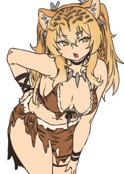 1girl animal_ear_fluff animal_ears animal_print armpit_crease bikini black_choker blonde_hair bone bone_hair_ornament bracelet breasts brown_bikini cavewoman choker cowboy_shot fang fingernails flat_color fur-trimmed_bikini fur_trim furrowed_brow gradient_hair hair_ornament hand_on_own_hip hand_on_own_thigh highres houtengeki jewelry leaning_forward loincloth long_fingernails long_hair looking_to_the_side medium_breasts multicolored_hair necklace open_mouth original pelt print_loincloth short_eyebrows sidelocks sideways_glance simple_background skin_fang solo striped_hair swimsuit tail tiger_ears tiger_girl tiger_girl_(houtengeki) tiger_print tiger_stripes tiger_tail tooth_necklace tribal twintails white_background wristband yellow_eyes