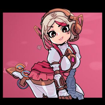 Rule 34 | arijuno, blonde hair, breasts, earmuffs, highres, juno (overwatch), leggings, mechanical arms, multicolored hair, official alternate costume, overwatch, pink skirt, pink streaks, puff of air, shirt, single mechanical arm, sitting, skirt, smirk, white leggings, white shirt