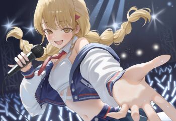 1girl absurdres beckoning blonde_hair blush breasts commentary detached_collar fingernails fujita_kotone gakuen_idolmaster glowstick habi_(kyuri_318) highres holding holding_microphone idolmaster jacket letterman_jacket long_hair looking_at_viewer microphone multi-tied_hair navel necktie red_necktie short_necktie small_breasts smile sports_bra stage stage_lights sweat twintails white_sports_bra yellow_eyes