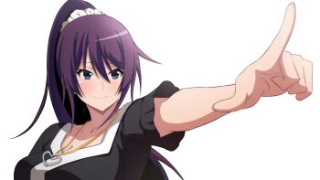 1girl absurdres bakemonogatari black_dress blush breasts cleavage collarbone commentary_request dress frilled_sleeves frills grey_eyes hair_between_eyes hair_ornament hair_scrunchie heart heart_necklace high_ponytail highres jewelry kakukakusan long_hair looking_at_viewer medium_breasts monogatari_(series) necklace outstretched_arm pointing ponytail purple_hair scrunchie senjougahara_hitagi short_sleeves simple_background smile solo white_background