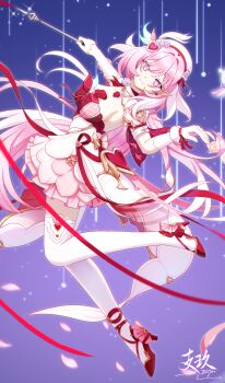 1girl absurdres artist_name beret blue_sky chinese_commentary commentary_request dress elysia_(hi_love_elf)_(honkai_impact) elysia_(honkai_impact) flower from_side full_body gloves hair_ornament hat highres honkai_(series) honkai_impact_3rd little_messenger_(honkai_impact) long_hair looking_at_viewer multicolored_hair pink_hair purple_eyes red_ribbon ribbon single_glove sky smile solo thighhighs two-tone_hair white_gloves white_hair white_thighhighs zhijiu