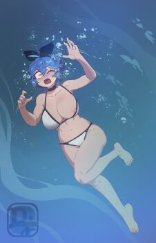 1girl air_bubble arm_up armpits asphyxiation barefoot bikini black_ribbon blue_hair blush breasts breasts_out bubble cleavage dif_(difman) difman drowned drowning full_body highres holding_breath jewelry knees large_breasts navel necklace nipples open_mouth original puffy_cheeks ribbon ryona short_hair solo swimming swimsuit thighs underwater water_torture white_bikini wide-eyed yellow_eyes