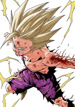 blonde_hair blood blood_on_arm blood_on_face commentary_request dragon_ball dragonball_z electricity green_eyes gvdygdu highres pants purple_pants purple_shirt red_sash sash shirt short_hair simple_background son_gohan super_saiyan super_saiyan_2 torn_clothes torn_pants torn_shirt white_background