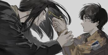 2boys absurdres black_hoodie blue_eyes brown_hair brown_jacket brown_shirt chinese_commentary closed_eyes collared_jacket commentary_request eren_yeager fingernails floating_hair from_side grey_background hands_on_another&#039;s_arms highres holding holding_key hood hood_down hoodie jacket key kiyoshi_st light_blush long_hair long_sleeves male_focus military_uniform multiple_boys open_mouth own_hands_together paradis_military_uniform parted_lips patch shingeki_no_kyojin shirt short_hair simple_background surprised sweatdrop teeth thick_eyebrows time_paradox upper_body upper_teeth_only wide-eyed
