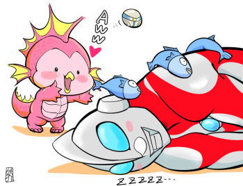 1boy 1girl alien artificial_intelligence blush bodysuit color_timer commentary_request compound_eyes emi_(ultraman:_rising) fins fish head_fins heart kaiju legs_apart mina_(ultraman:_rising) nose_bubble open_mouth simple_background sleeping standing ultra_series ultraman ultraman:_rising ultraman_(1st_series) ultraman_(ultraman:_rising) white_background yousuke_(guruguru_medaman) zzz