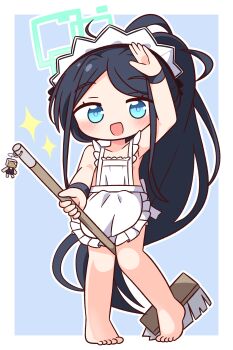 Rule 34 | 1girl, :d, absurdres, ahoge, apron, aris (blue archive), aris (maid) (blue archive), arm up, barefoot, black hair, blue archive, blue background, blue eyes, blush, border, broom, collarbone, commentary request, full body, green halo, halo, hana kazari, highres, holding, holding broom, long hair, looking at viewer, maid headdress, naked apron, open mouth, outline, outside border, parted bangs, rectangular halo, revision, simple background, smile, solo, sparkle, standing, very long hair, white apron, white border, white outline