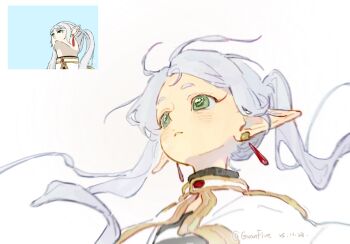 1girl blush commentary_request dated earrings elf frieren green_eyes guanfive highres jewelry long_hair looking_ahead meme parted_lips pointy_ears reference_inset simple_background solo sousou_no_frieren teardrop_earrings twitter_username upper_body upward_angle_frieren_drawing_(meme) white_background white_hair