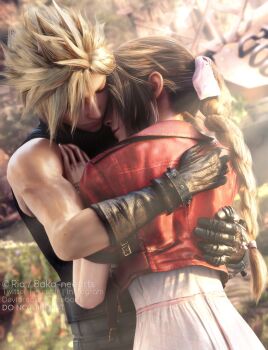 1boy 1girl 3d aerith_gainsborough hug asymmetrical_hair belt blonde_hair bracelet braid brown_hair closed_eyes cloud_strife cropped_jacket dress final_fantasy final_fantasy_vii final_fantasy_vii_remake gainsborough_house gloves hair_ribbon hand_on_another's_chest hetero highres jacket jewelry pink_dress pink_ribbon red_jacket ria-neearts ribbon sleeveless sleeveless_turtleneck spiked_hair square_enix turtleneck upper_body