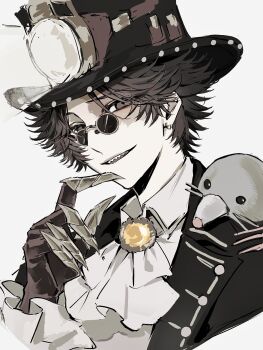 1boy absurdres animal animal_on_shoulder ascot black_jacket bridge_piercing brown_eyes brown_gloves brown_hair claws earrings face_piercing finger_to_own_chin frilled_sleeves frills gem glasses gloves gold_teeth hat hat_lantern head_tilt highres identity_v jacket jewelry looking_at_viewer male_focus mole norton_campbell norton_campbell_(mr._mole) official_alternate_costume piercing pince-nez portrait raised_inner_eyebrows scar scar_across_eye scar_on_face sharp_teeth shirt smirk solo sushisushi_iiii teeth top_hat white_ascot white_shirt yellow_gemstone