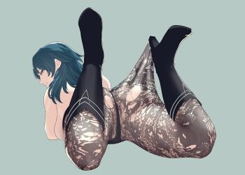 1girl absurdres arm_support ass ass_focus back black_shorts blue_eyes blue_hair boots breasts feet_up female_byleth_(fire_emblem) fire_emblem fire_emblem:_three_houses from_behind grey_background grin high_heels highres lace_pantyhose_hooked_on_heel_(meme) large_breasts long_hair looking_at_viewer looking_back lying medium_hair meme nintendo on_stomach pantyhose pomelomelon short_shorts shorts smile solo the_pose topless_female torn_clothes torn_pantyhose
