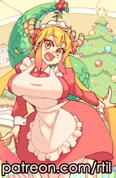 Rule 34 | 1girl, :d, absurdres, apron, box, breasts, cake, calendar (object), christmas, christmas tree, dragon girl, dragon horns, dragon tail, dress, fang, food, gift, gift box, highres, horns, kobayashi-san chi no maidragon, large breasts, large tail, looking at viewer, maid, maid headdress, mistletoe, open mouth, orange eyes, paid reward available, patreon username, red dress, rtil, scales, sleeve cuffs, smile, solo, tail, tohru (maidragon), twintails, white apron