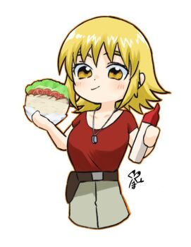 Rule 34 | 1girl, blonde hair, blush, bottle, cagalli yula athha, chibi, dog tags, doner kebab, food, gundam, gundam seed, holding, holding bottle, holding food, hot sauce, light smile, meyama mamezou, red shirt, shirt, short hair, white background, yellow eyes