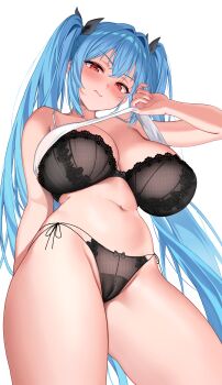 1girl absurdres black_bra black_panties blue_hair blush bra breasts cameltoe closed_mouth commentary_request commission from_below highres large_breasts long_hair looking_at_viewer looking_down navel original panties pixiv_commission red_eyes side-tie_panties simple_background solo stomach thighs twintails underwear white_background yj_(yojo_san)