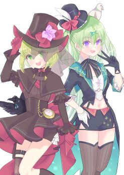 2girls absurdres animal animal_on_head arm_at_side asymmetrical_legwear bird bird_on_head black_bird black_bow black_bowtie black_capelet black_dress black_hat black_jacket black_shorts black_thighhighs blonde_hair bow bowtie capelet commentary_request crop_top crow dress eyes_visible_through_hair feet_out_of_frame flower frilled_sleeves frills gloves green_eyes green_streaks hair_between_eyes hand_on_own_hip hand_up haru_meguru hat hat_bow hat_flower heaven_burns_red highres irene_redmayne jacket long_hair long_sleeves looking_at_viewer mismatched_legwear multicolored_hair multiple_girls official_alternate_costume on_head ooshima_isuzu pigeon pleated_dress pocket_watch purple_eyes purple_flower red_bow red_gloves shirt short_hair shorts side-by-side simple_background standing streaked_hair thigh_strap thighhighs top_hat two_side_up v very_long_hair watch white_background white_bird white_gloves white_shirt zettai_ryouiki