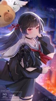 1girl arm_cutout black_choker black_hair black_jacket black_shirt black_skirt bright_pupils chisa_(wuthering_waves) choker closed_mouth clothing_cutout commentary_request cowboy_shot hair_ribbon hand_up highres jacket long_hair long_sleeves looking_at_viewer looking_to_the_side mole mole_under_eye namipon_(wuthering_waves) neckerchief red_eyes red_neckerchief red_ribbon ribbon sailor_collar shirt skirt smile solo tacet_mark_(wuthering_waves) thigh_strap watermark white_pupils white_sailor_collar wuthering_waves yunoji_(onigiri_yumi09)