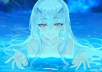 1girl blush breasts chainsaw_man collarbone fate/grand_order fate_(series) forked_eyebrows grin highres i&#039;ll_teach_you_everything_(chainsaw_man) kayu_manis19 long_hair looking_at_viewer melusine_(fate) nude partially_submerged pool scene_reference sidelocks small_breasts smile solo water white_hair yellow_eyes