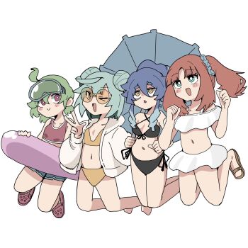 >_o 4girls :> ahoge alternate_costume alternate_hairstyle aqua_hair aqua_pupils arms_at_sides barefoot bikini black_bikini blue_hair blue_umbrella blunt_bangs blunt_ends blush bright_pupils brown-framed_eyewear brown_eyes brown_sandals clenched_hands closed_mouth collarbone collei_(genshin_impact) colored_tips contemporary criss-cross_halter crocs crop_top cropped_shirt denim denim_shorts double_bun faruzan_(genshin_impact) front-tie_bikini_top front-tie_top full_body fur_jacket genshin_impact goggles goggles_on_head green_eyes green_hair groin hair_between_eyes hair_bun hair_ornament hair_scrunchie halterneck hand_up hands_up high_ponytail highres jacket layla_(genshin_impact) long_hair long_sleeves looking_at_another looking_at_viewer looking_up multicolored_hair multiple_girls navel nilou_(genshin_impact) one_eye_closed open_mouth parted_bangs ponytail red_eyes red_hair red_shirt red_slippers red_tank_top rimless_eyewear ringlets round_eyewear sandals sanpaku scrunchie shirt short_hair shorts side-tie_bikini_bottom side_ponytail sidelocks sideways_glance sleeveless sleeveless_shirt slippers smile surodzuki swim_ring swimsuit swimsuit_skirt tank_top tinted_eyewear umbrella v white_background white_bikini white_jacket white_pupils white_sleeves yellow_bikini yellow_eyes