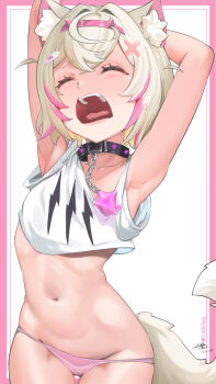 1girl animal_ear_fluff animal_ears armpits arms_behind_head arms_up artist_name bandaid bandaid_hair_ornament black_choker blonde_hair border choker closed_eyes colored_inner_animal_ears commentary crop_top cropped_shirt dog_ears dog_girl dog_tail english_commentary eyelashes fake_horns hair_intakes hair_ornament hairband highres hololive hololive_english horn_hairband horns littleling lowleg lowleg_panties mococo_abyssgard mococo_abyssgard_(1st_costume) multicolored_hair navel open_mouth panties pendant_choker pink_border pink_hair pink_hairband pink_panties shirt short_hair signature solo spiked_choker spikes stomach streaked_hair tail tearing_up thighs tongue twitter_logo underwear virtual_youtuber waking_up white_background white_shirt yawning