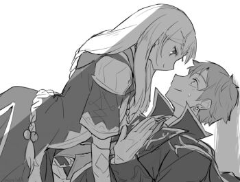 Rule 34 | 1boy, 1girl, atelier (series), atelier lulua, braid, closed mouth, coat, commentary request, eye contact, face-to-face, ficus finis, from side, girl on top, greyscale, hetero, jacket, karasumi (aiseec), long hair, long sleeves, looking at another, lying, monochrome, on back, piana (atelier), profile, short hair, simple background, smile, sweatdrop, white background