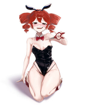 1girl animal_ears areola_slip black_leotard black_panties blush commentary_request drill_hair full_body high_heels highres kasane_teto kazama_(pixiv117363045) kneeling leotard looking_at_viewer open_mouth panties playboy_bunny rabbit_ears red_eyes red_hair red_shoes shoes simple_background solo sweat twin_drills underwear vocaloid white_background