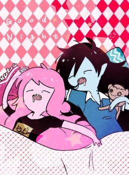 2girls 6_(yuchae) adventure_time bed bite_mark black_hair cartoon_network colored_skin drooling fangs grey_skin long_hair marceline_abadeer messy_hair multiple_girls pink_hair pink_skin princess_bonnibel_bubblegum shirt sleeping stuffed_animal stuffed_toy t-shirt yuri