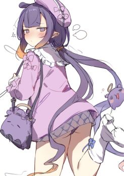 1girl bag boots commentary hat highres hololive hololive_english long_hair ninomae_ina&#039;nis orobou panties panty_peek pink_hat pointy_ears purple_eyes purple_hair purple_shirt shirt shoulder_bag simple_background solo symbol-only_commentary takodachi_(ninomae_ina&#039;nis) underwear very_long_hair virtual_youtuber white_background white_boots