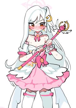 1girl bare_shoulders blue_archive blush breasts closed_mouth cosplay crescent detached_sleeves dress earrings hair_ornament halo holding holding_wand jewelry long_hair looking_at_viewer magical_girl pink_dress simple_background solo suzumi_(blue_archive) suzumi_(magical)_(blue_archive) sweat thighhighs tomi8tky wand white_background white_hair white_thighhighs